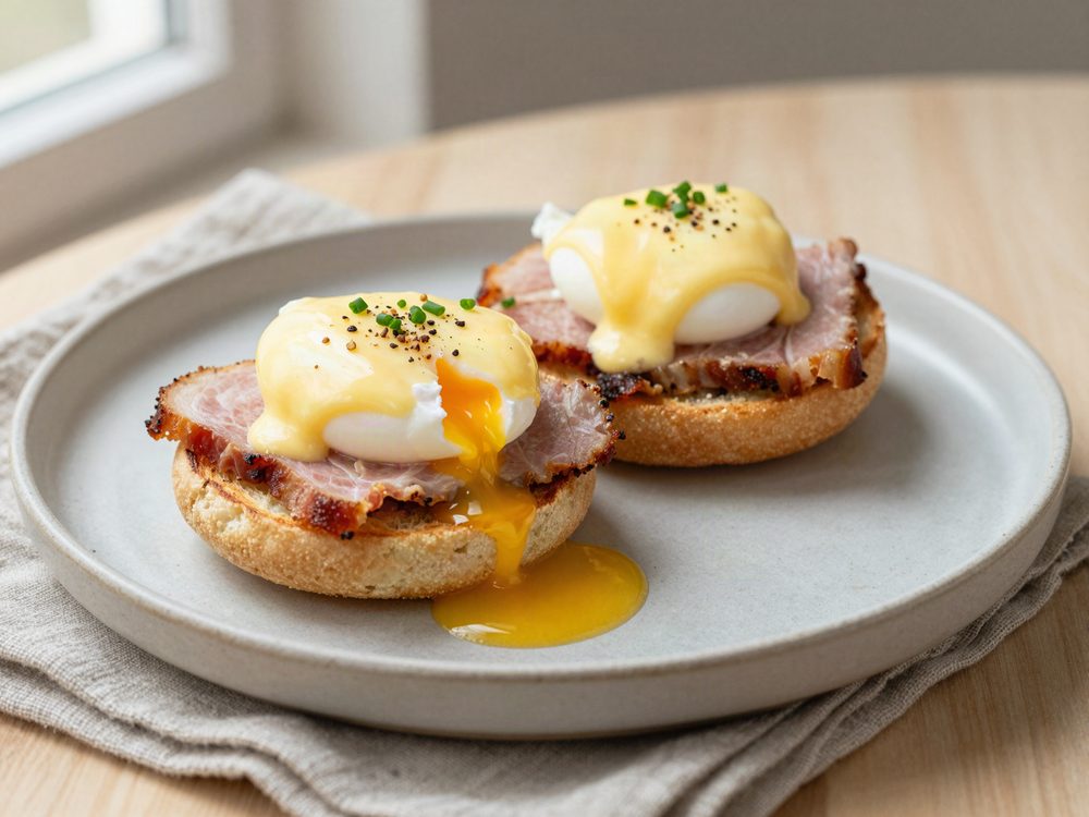 Æg benedict med hamburgerryg og hollandaise