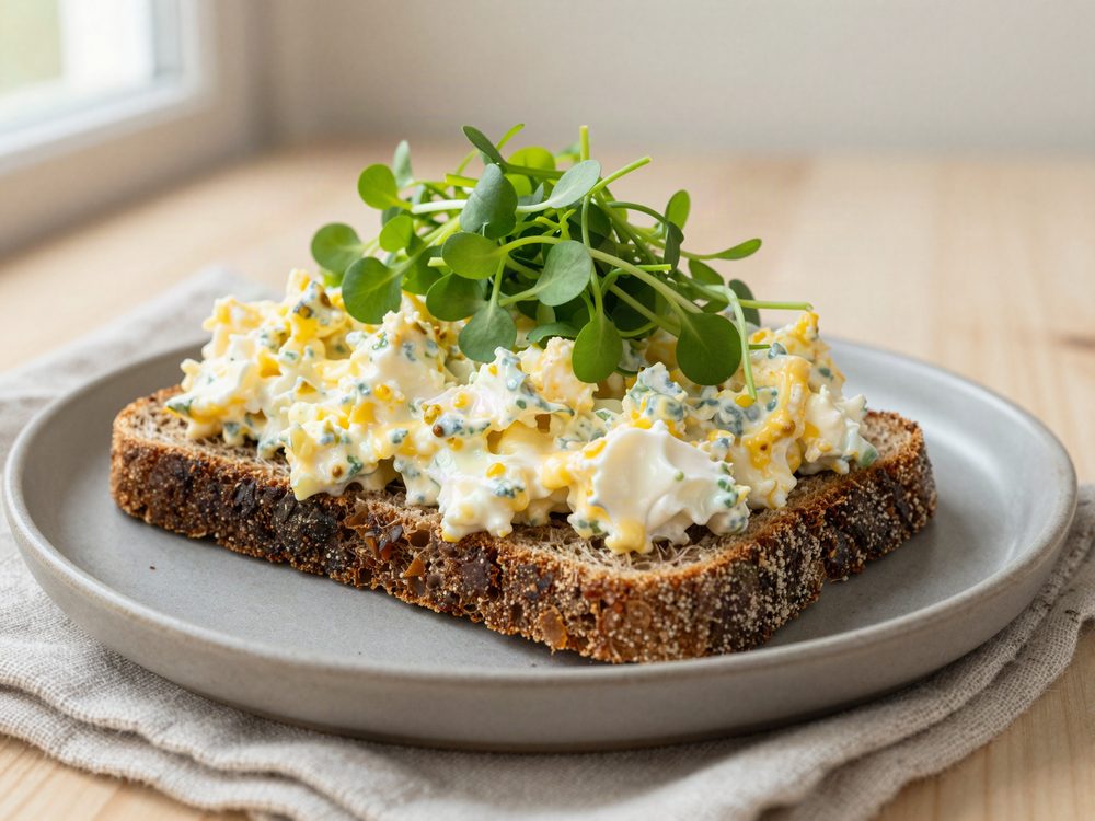 Æggesalat med karse på rugbrød