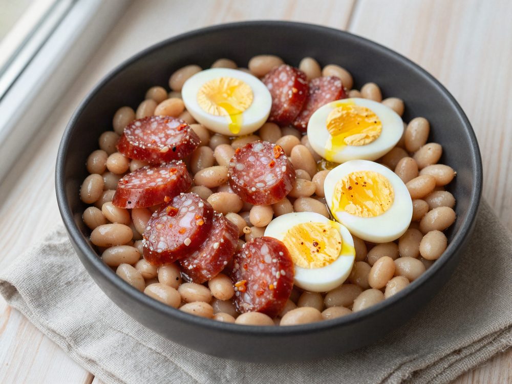 Bønneskål med chorizo og kogte æg