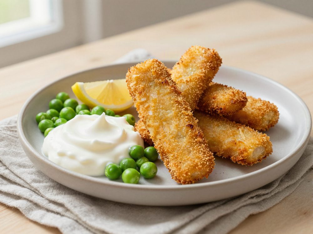 Fiskefingre i ovn med ærter og skyrdressing