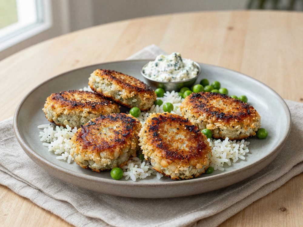 Fiskefrikadeller i ovn med mikroris og ærter
