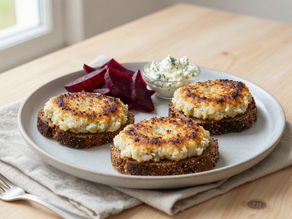 Kolde fiskefrikadeller med rugbrød og rødbeder