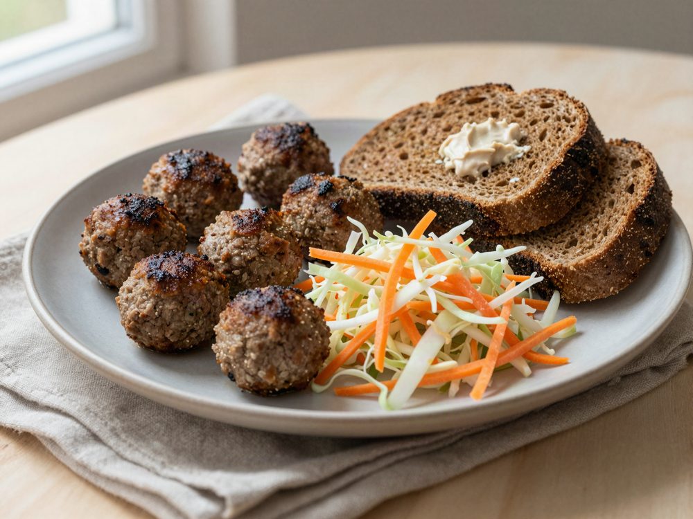 Købte frikadeller med råkost og rugbrød