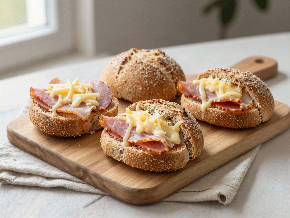 Fuldkornsboller fra ovnen med varm skinke og ost