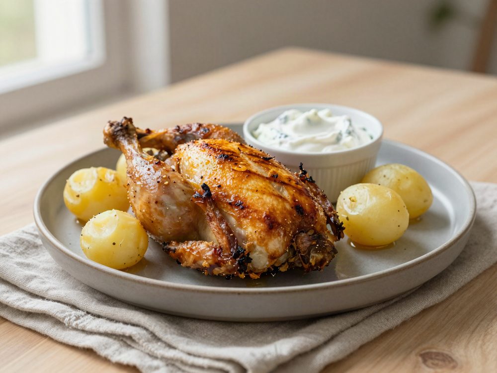 Grillkylling i ovn med kartofler og tzatziki