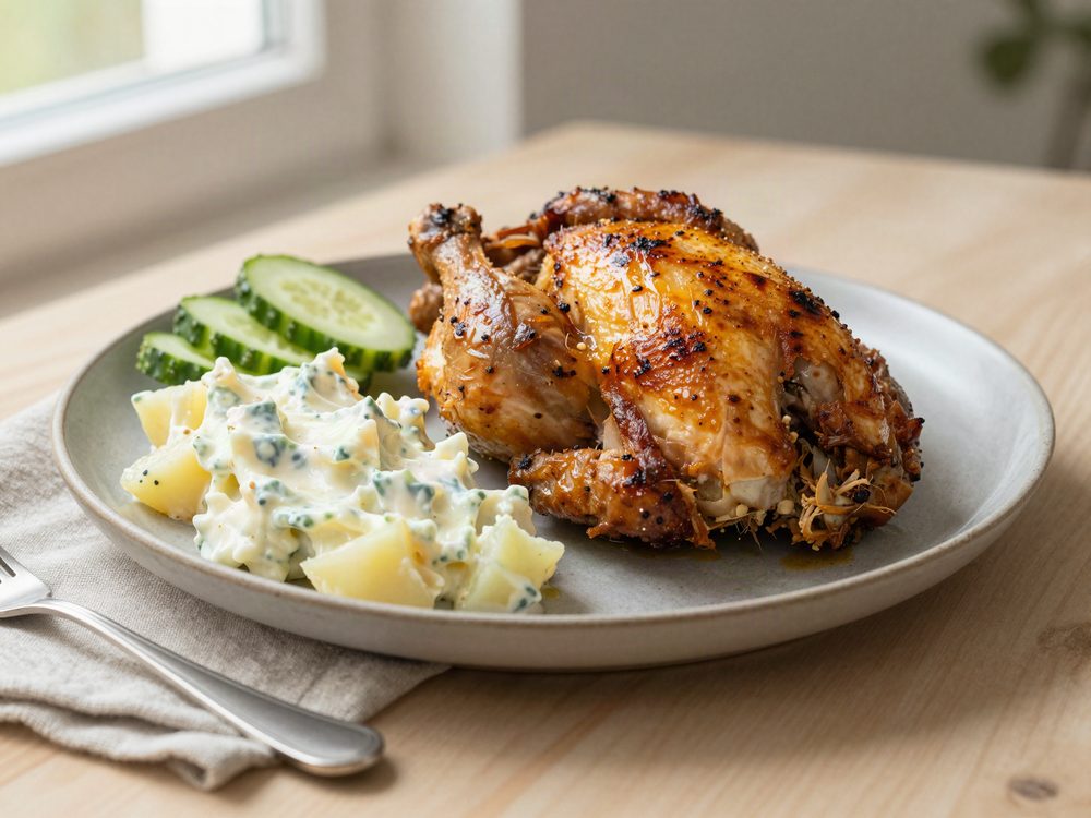 Grillkylling med kartoffelsalat og snackagurk