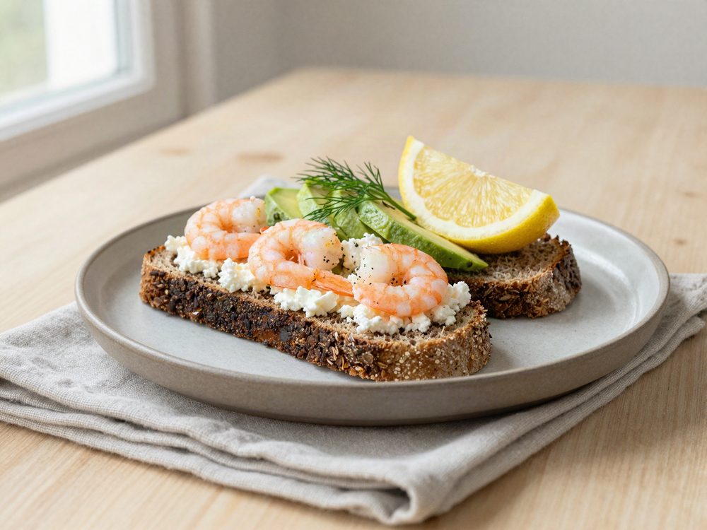Håndpillede rejer med avocado på rugbrød