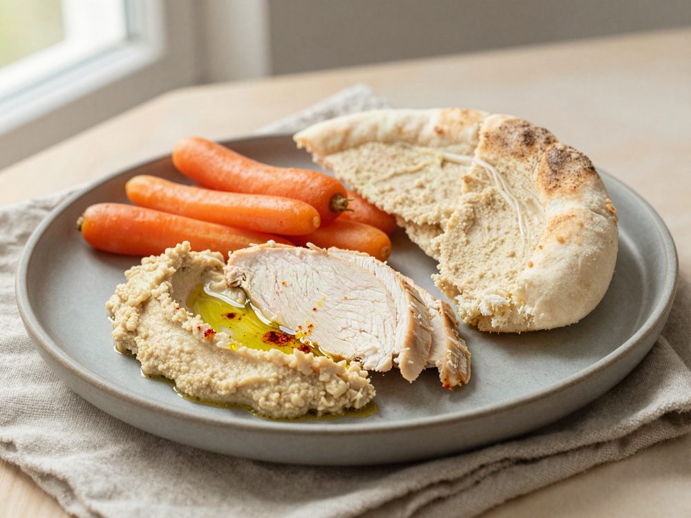 Kyllingebryst i skiver med hummus og pitabrød