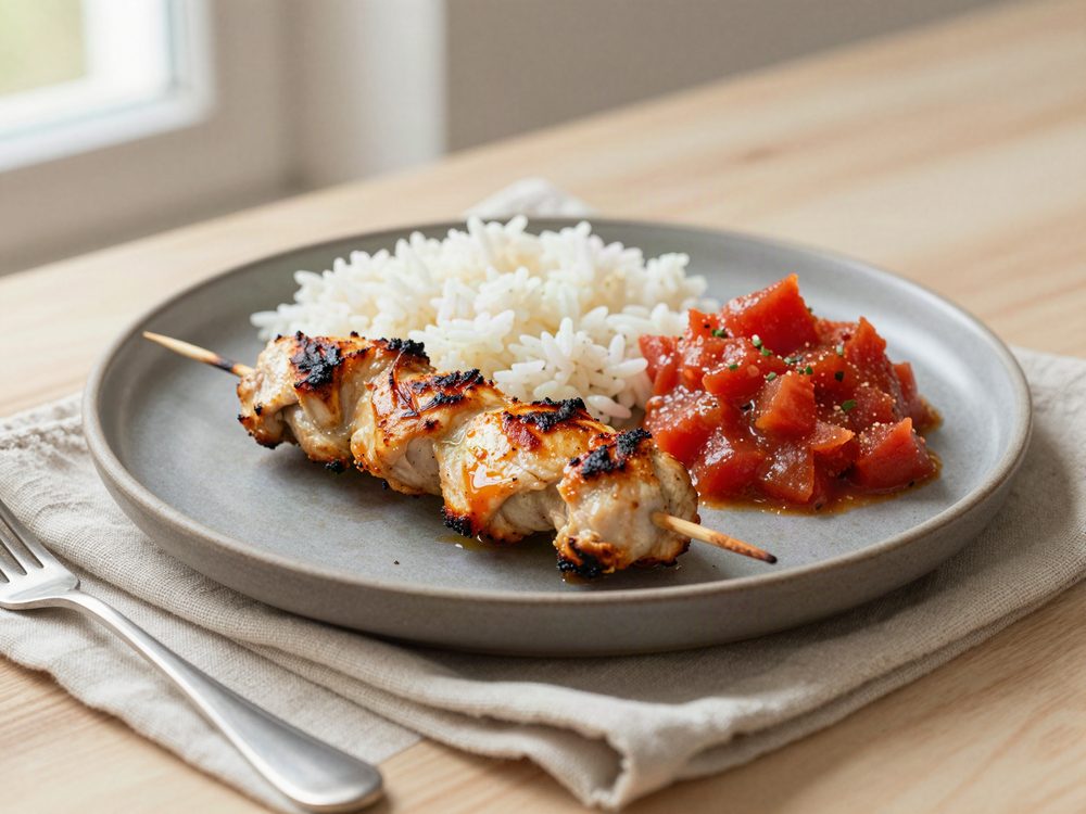 Kyllingespyd fra grillen med mikroris og salsa