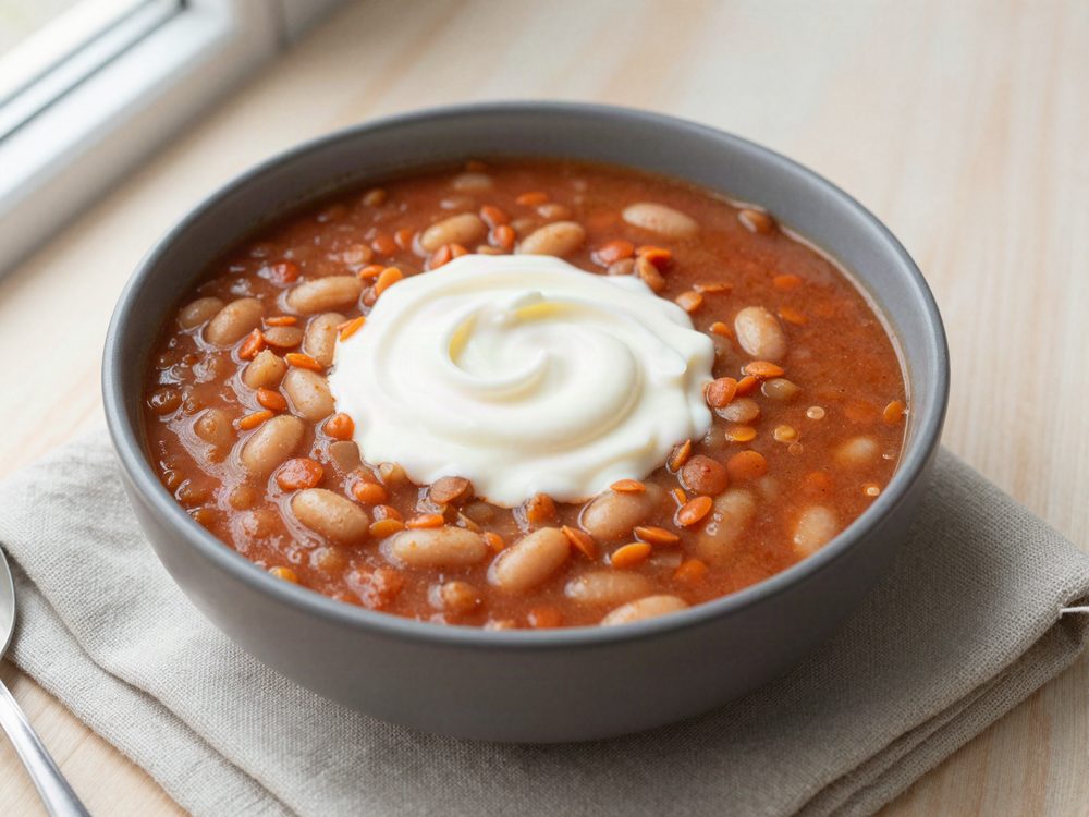 Linsesuppe i mikro med hvide bønner og skyr
