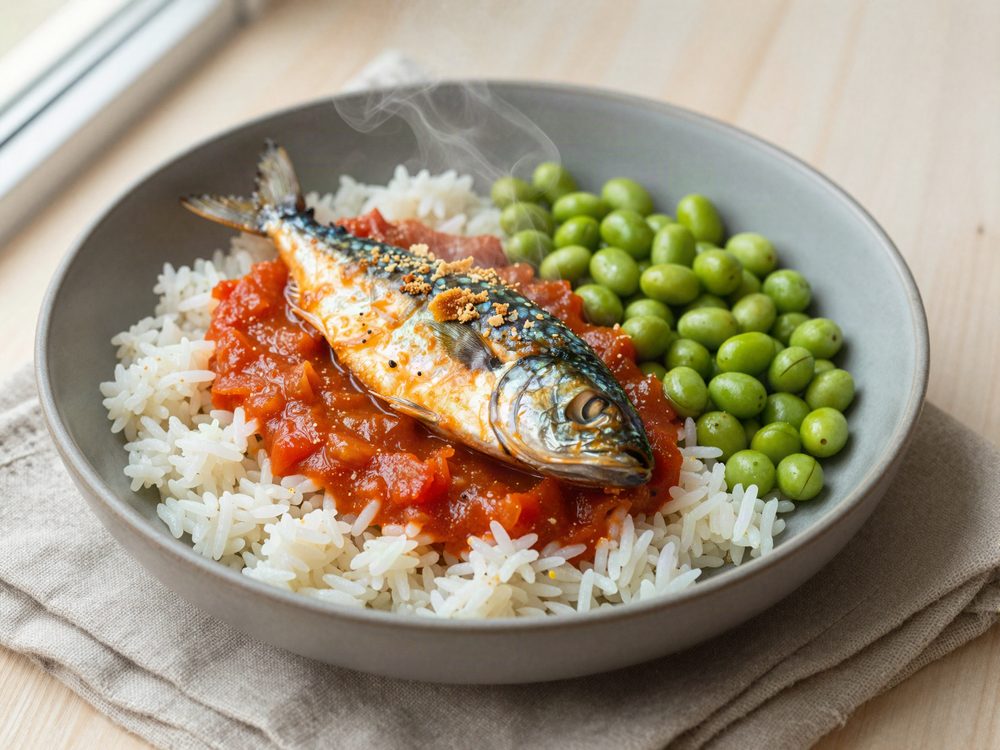 Makrel i tomat med mikroris og edamame