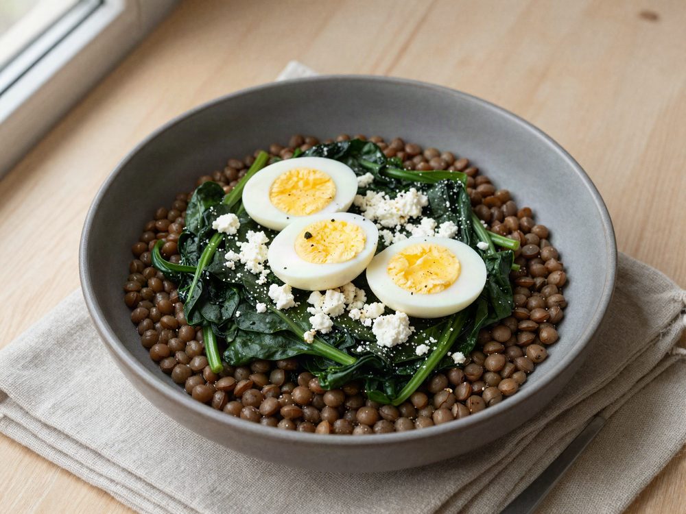 Mikrolinser med spinat, feta og æg