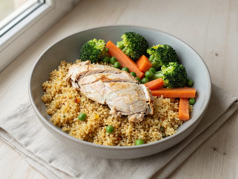 Mikroskål med kylling, bulgur og dampgrønt