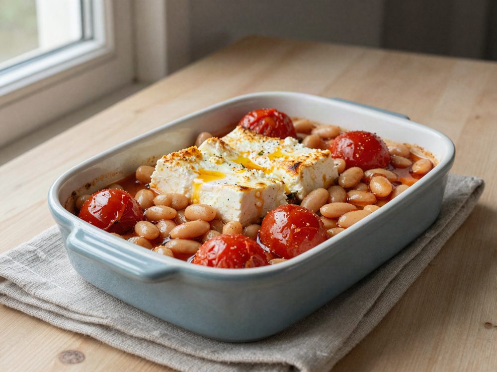 Ovnbagt feta med cherrytomater og hvide bønner