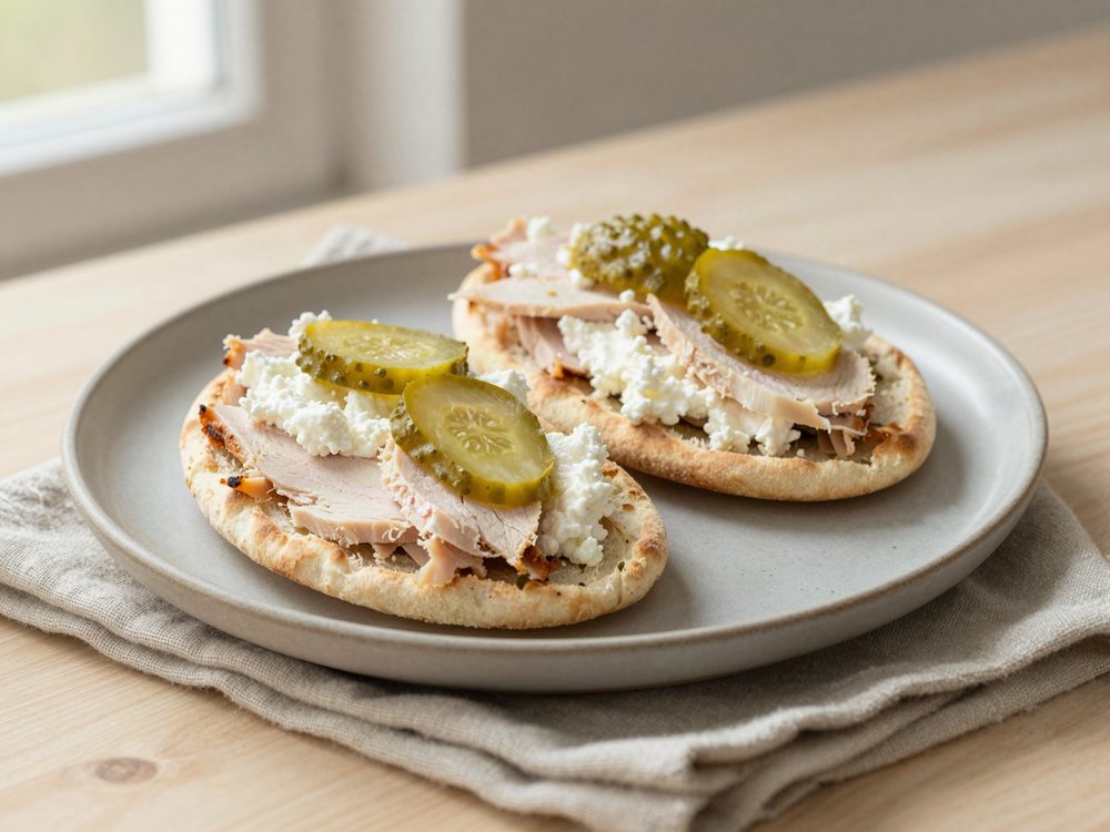 Pitabrød med kalkun, hytteost og syltede agurker