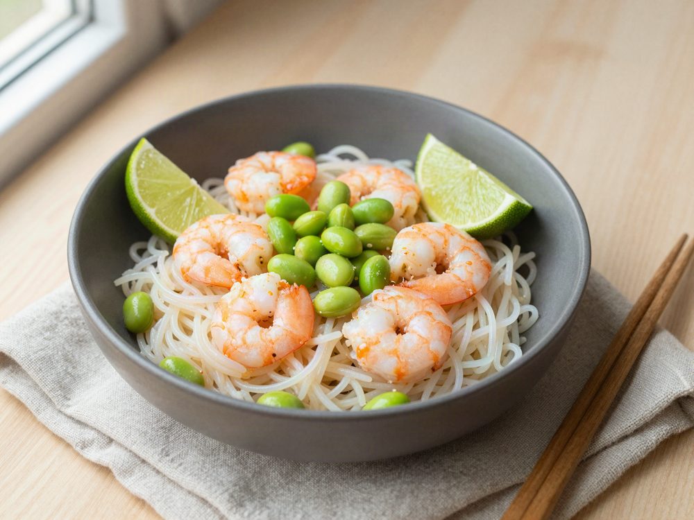 Risnudler fra elkedlen med rejer og edamame