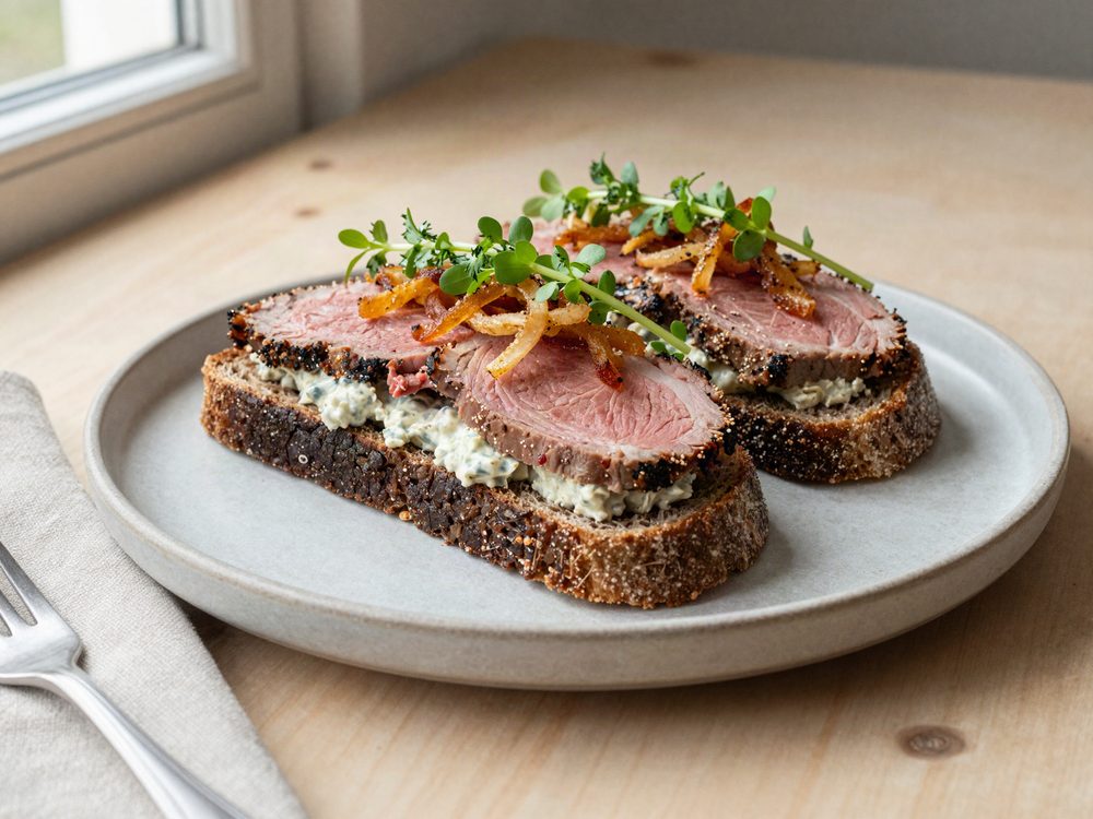 Roastbeef på rugbrød med remoulade og ristede løg