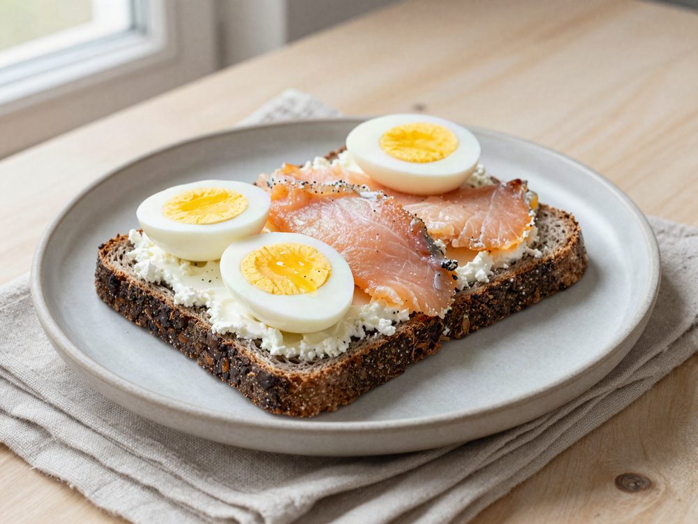 Røget hellefisk med æg på rugbrød
