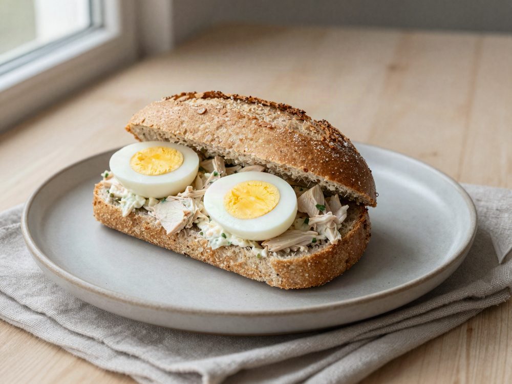 Sandwich med kyllingesalat og æg