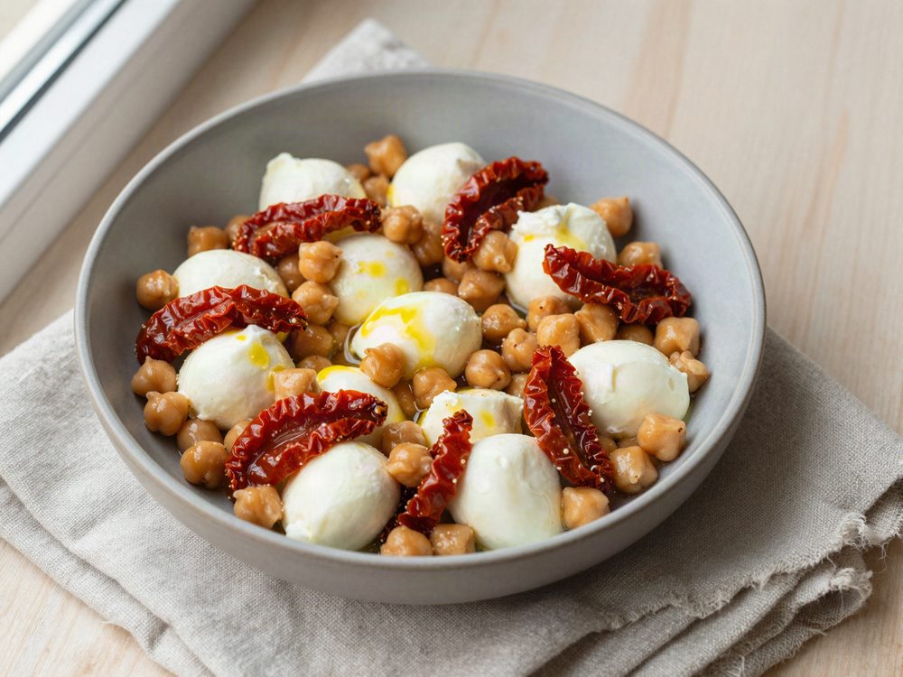 Skål med mozzarella, kikærter og soltørrede tomater