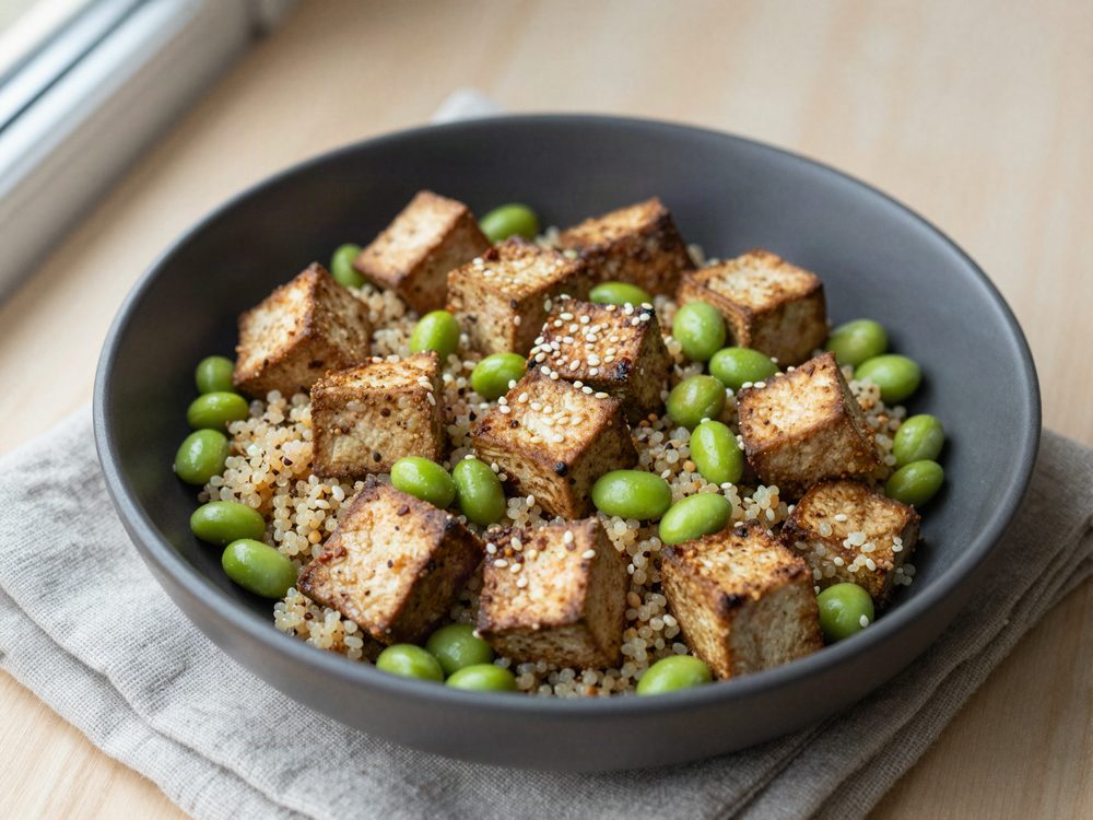 Skål med røget tofu, edamame og quinoa