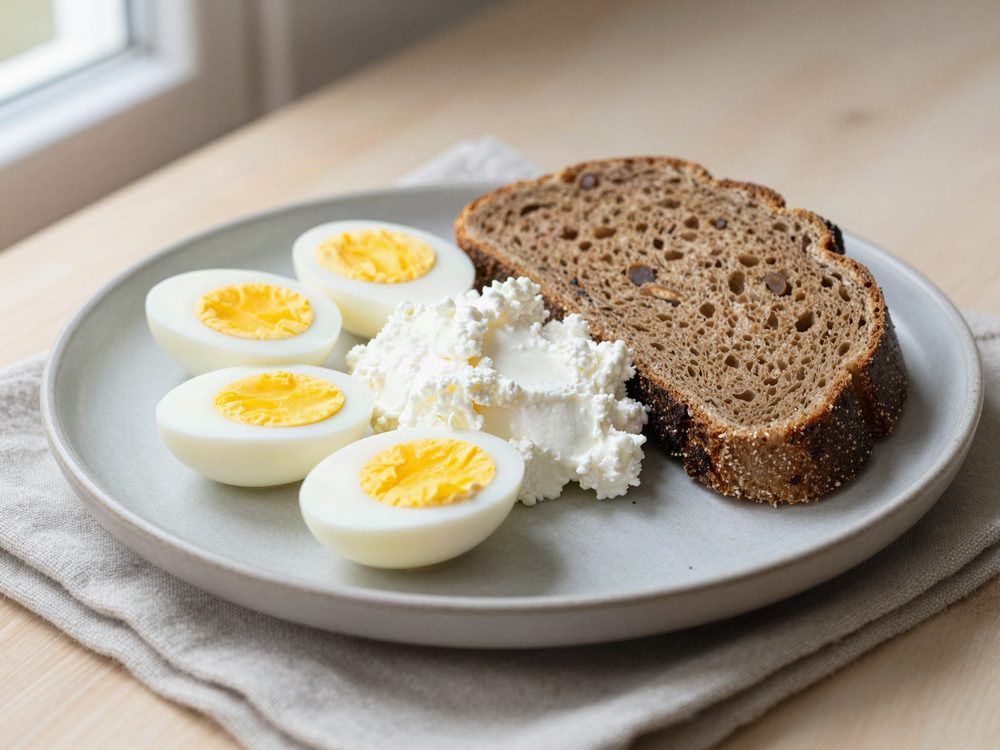 Tallerken med æg, hytteost og rugbrød