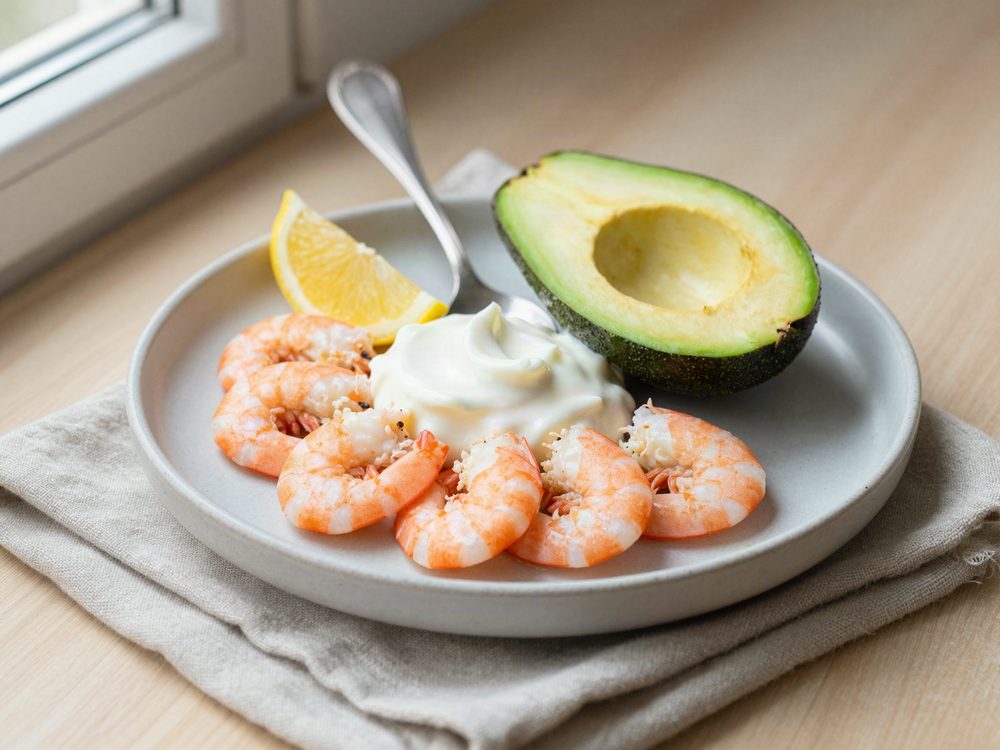 Tallerken med rejer, avocado og skyr