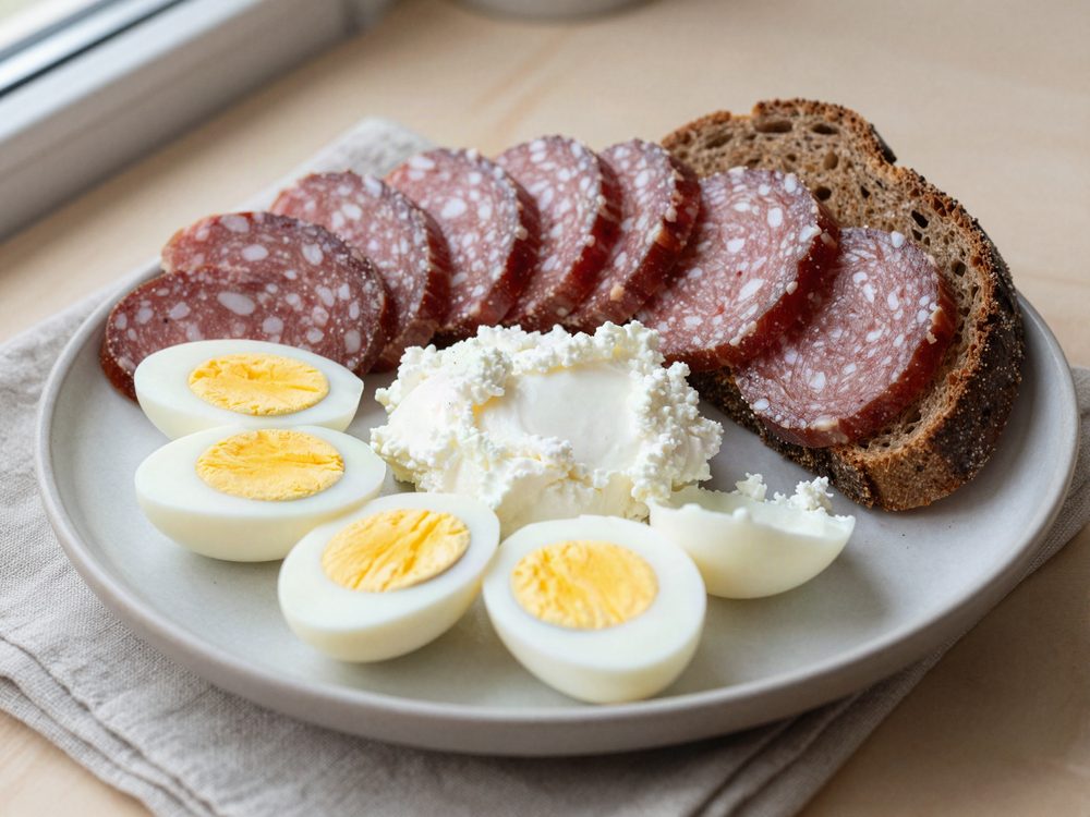 Aftentallerken med spegepølse, æg og hytteost