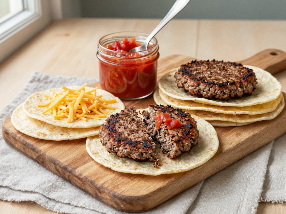 Tortilla med hakkebøf, salsa og revet ost