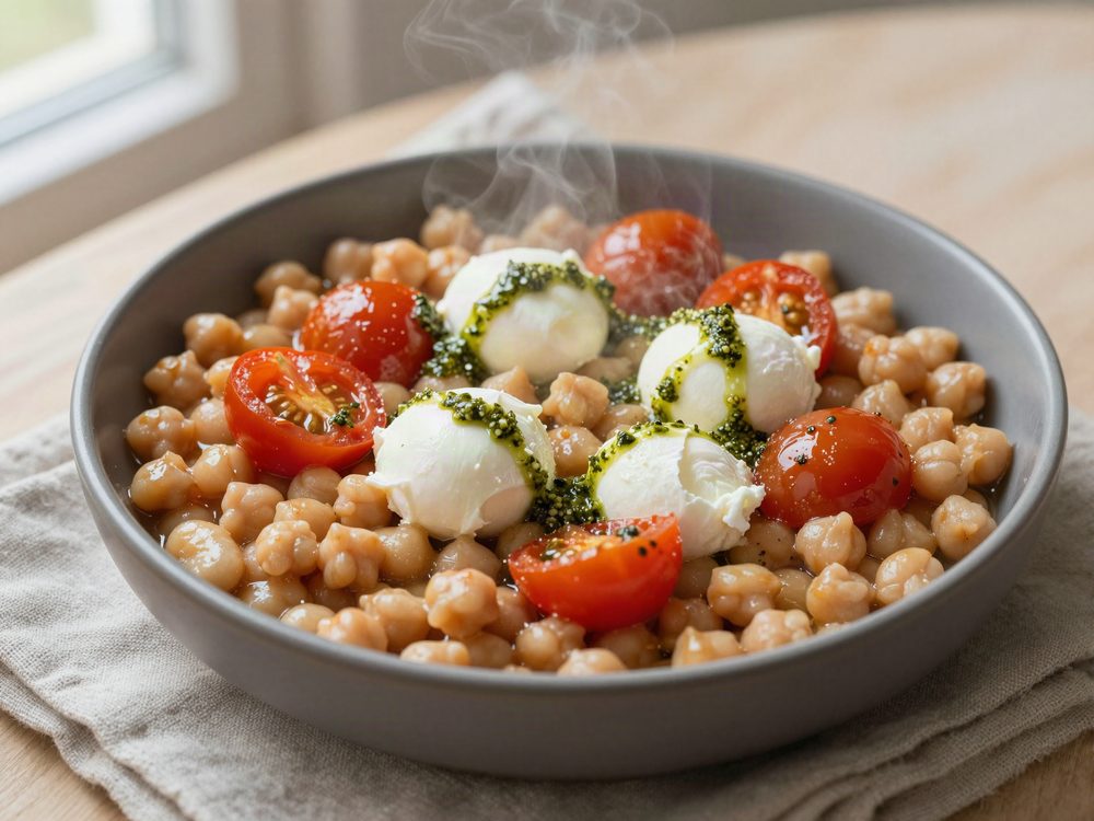 Varme hvide bønner i mikro med mozzarella og pesto