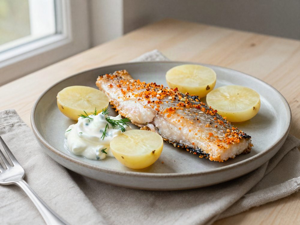 Varmrøget ørred med kartofler og creme fraiche