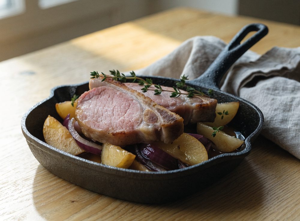 Airfryer-svinekoteletter med æbler og rodløg