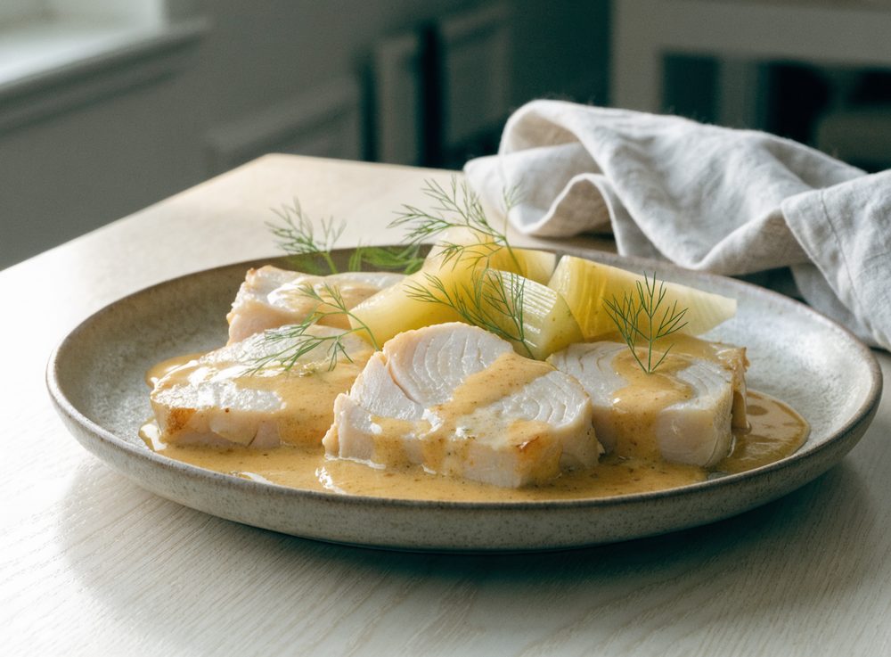 Bagt havtaske med safransauce og braiseret fennikel
