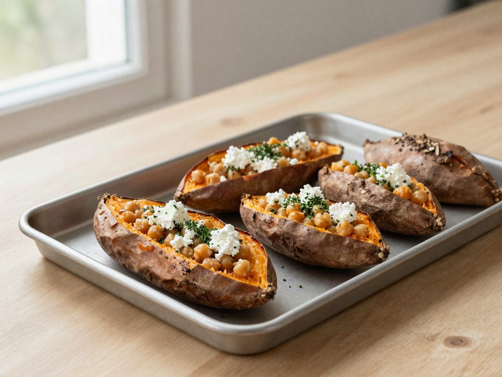Bagt sødkartoffel med kikærter og feta