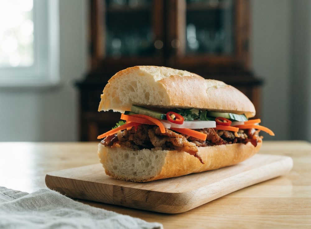 Bánh mì med stegt svinekød og syltede grøntsager