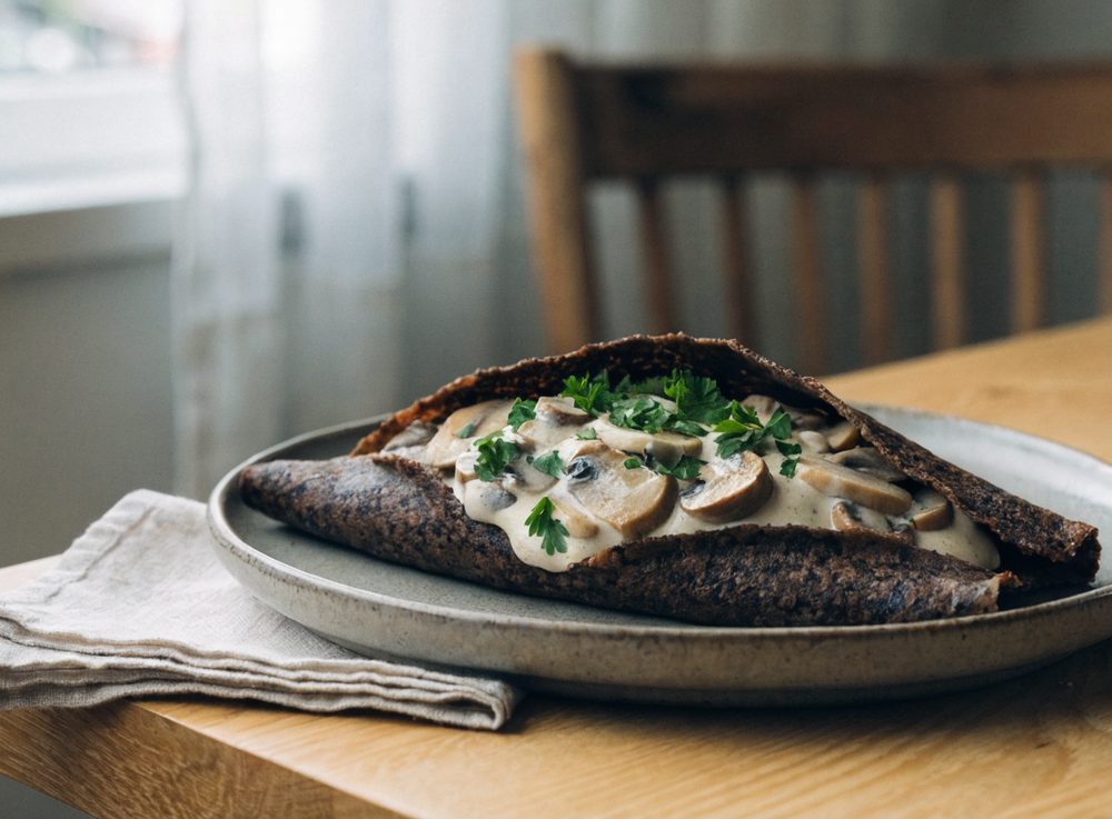 Boghvedepandekager med champignon i fløde