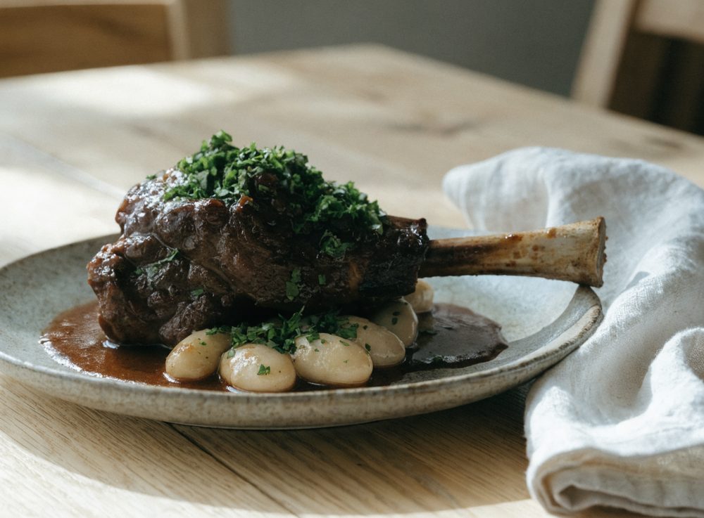 Braiserede lammeskanke med hvide bønner og gremolata