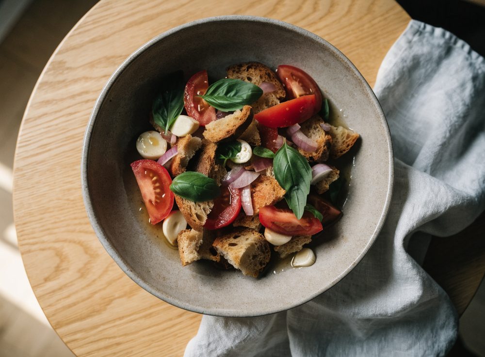 Brødsalat med tomat, hvidløg og tørt brød