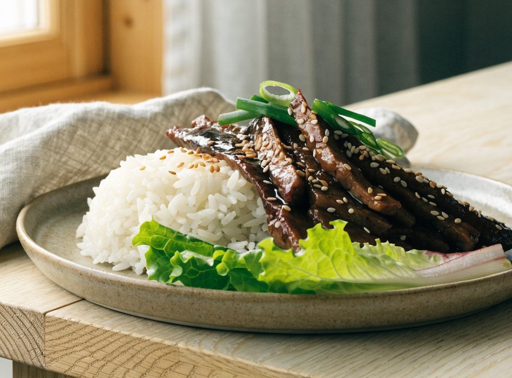Bulgogi med ris og salatblade