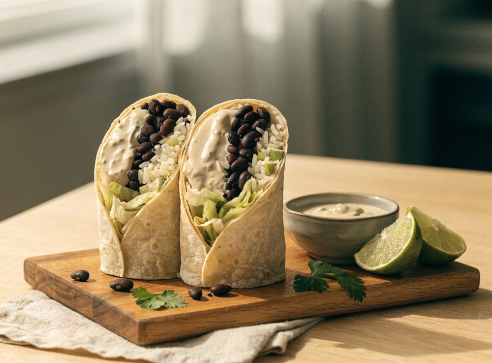 Burrito med sorte bønner, limeris og chipotlecreme