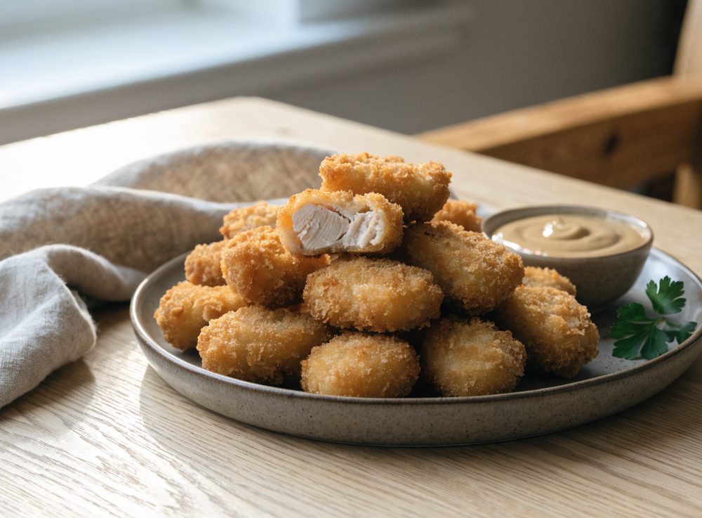 Chicken nuggets fra bunden med honning-sennepsdip