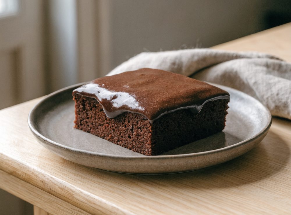 Chokoladekage i fad med kakaoglasur