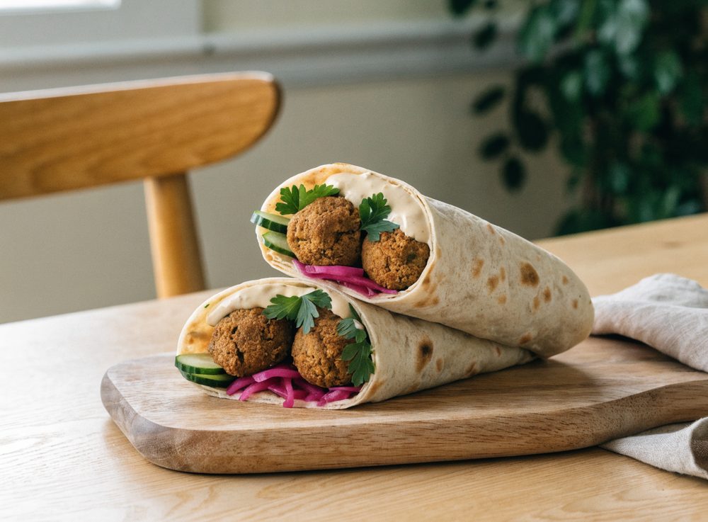 Falafelrulle med tahinsauce og syltet rødkål