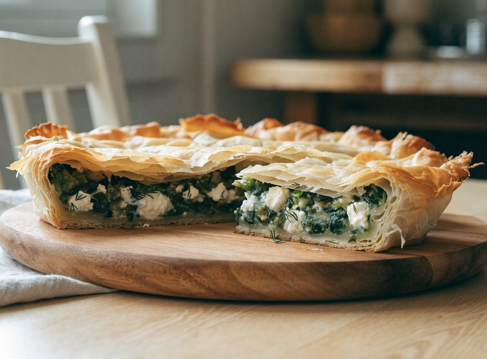 Filodejstærte med spinat, feta og dild