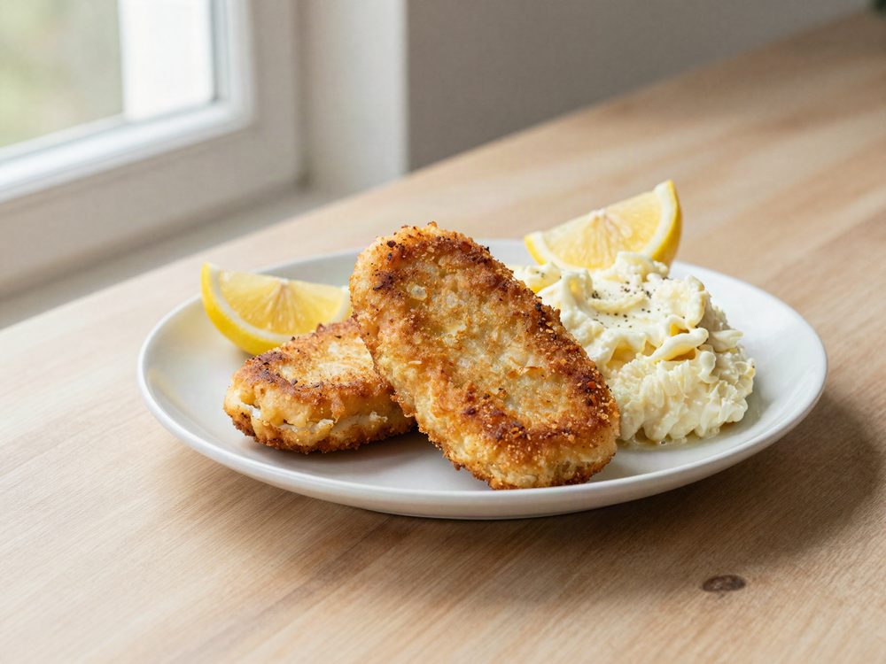 Fiskefrikadeller med kartoffelmos og citron