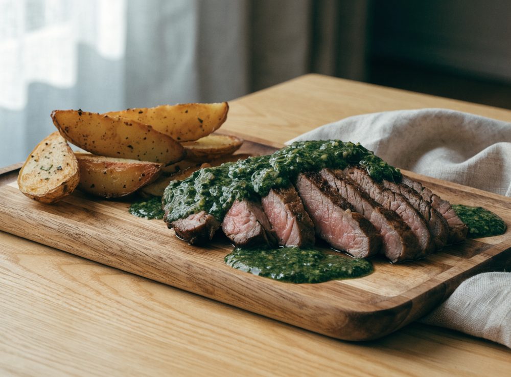 Flanksteak med chimichurri og bagte kartofler