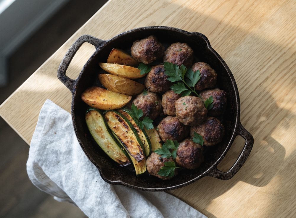 Frikadeller i ovn med kartoffelbåde og squash