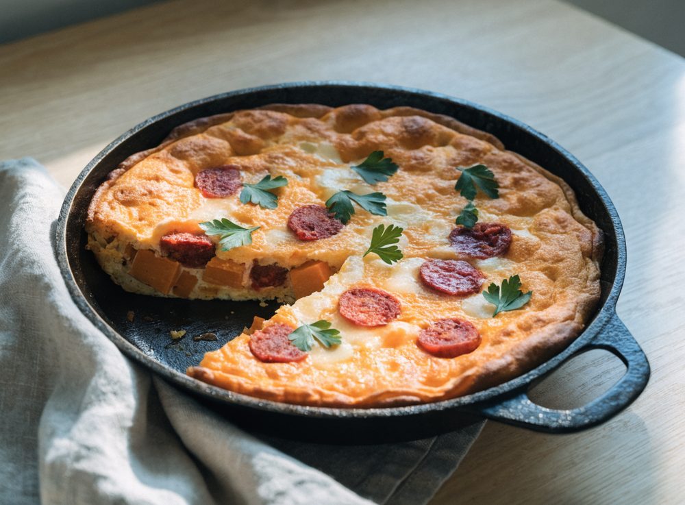 Frittata med sødkartoffel, chorizo og manchego