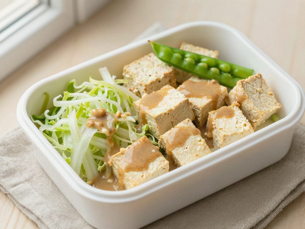 Bøtte med røget tofu, kinakål og peanutdressing