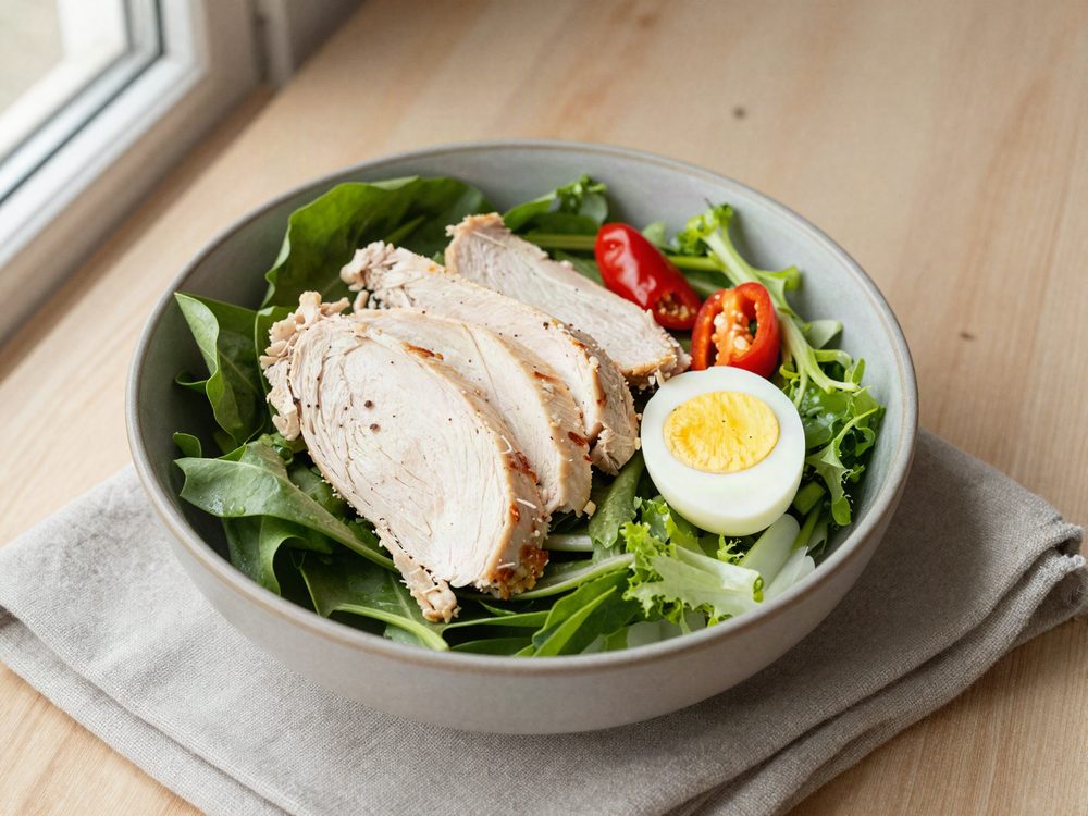 Færdig salatbowl med kylling og et kogt æg